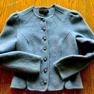 Vintage Geiger sweater jacket sz40 gathered shoulders novelty buttons periwinkle